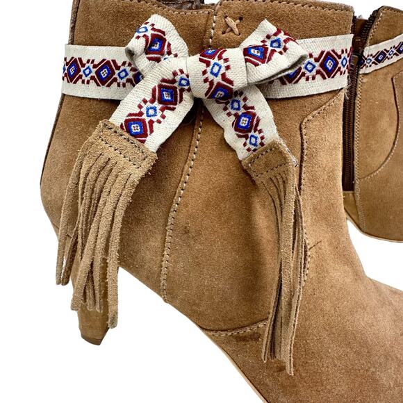High Heel Fringe Ankle Booties Womens SZ 7.5 Brown Suede Boho Western Cowgirl - Picture 2 of 11